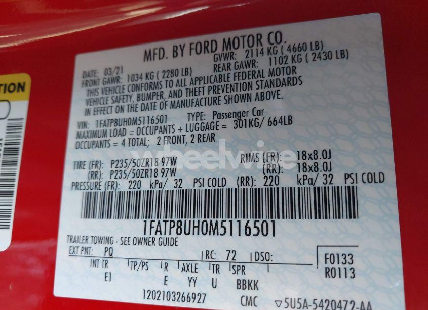 Photo 9 of 2021 Ford Mustang ECOBOOST PREMIUM (VIN 1FATP8UH0M5116501)