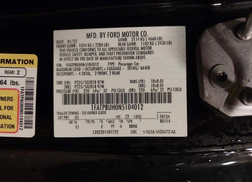 Photo 9 of 2022 Ford Mustang ECOBOOST PREMIUM (VIN 1FATP8UH0N5104012)