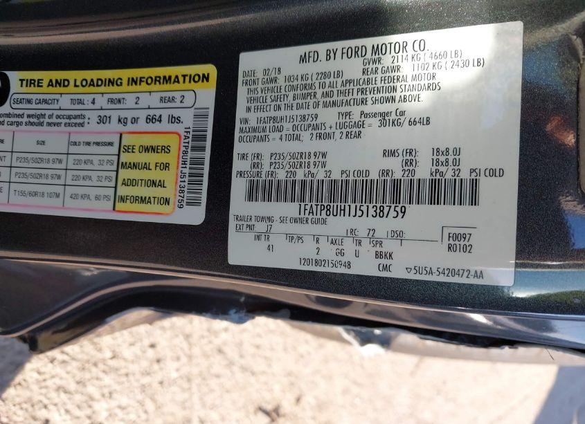 Photo 9 of 2018 Ford Mustang ECOBOOST PREMIUM (VIN 1FATP8UH1J5138759)