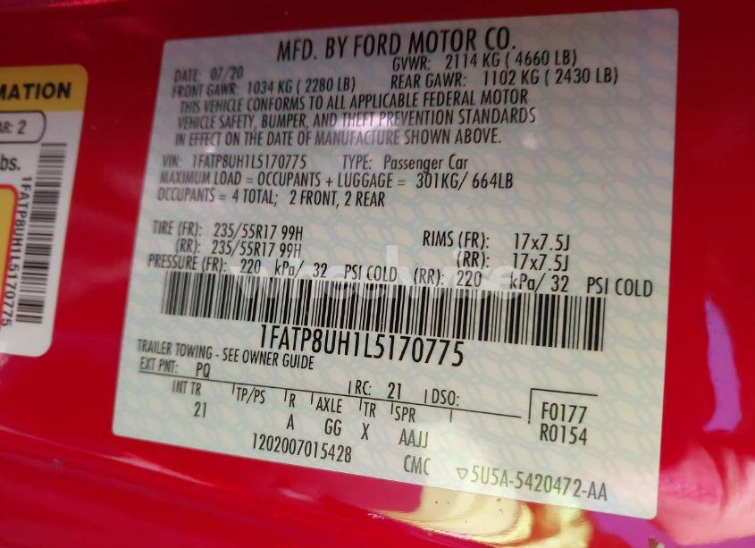 Photo 9 of 2020 Ford Mustang ECOBOOST (VIN 1FATP8UH1L5170775)