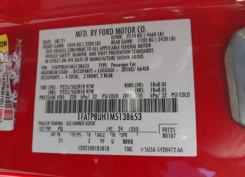 Photo 9 of 2021 Ford Mustang ECOBOOST PREMIUM (VIN 1FATP8UH1M5138653)