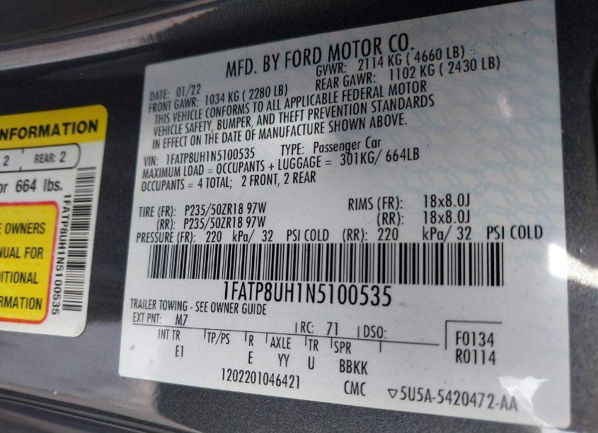 Photo 9 of 2022 Ford Mustang ECOBOOST PREMIUM (VIN 1FATP8UH1N5100535)