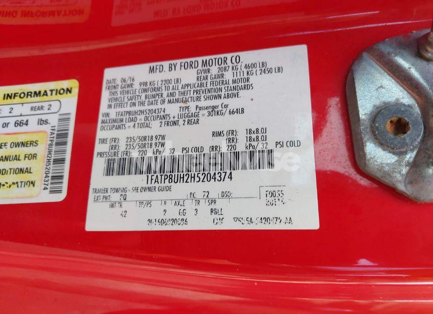 Photo 9 of 2017 Ford Mustang ECOBOOST PREMIUM (VIN 1FATP8UH2H5204374)