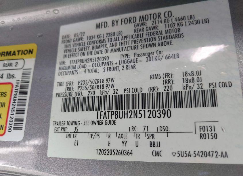 Photo 9 of 2022 Ford Mustang ECOBOOST PREMIUM (VIN 1FATP8UH2N5120390)