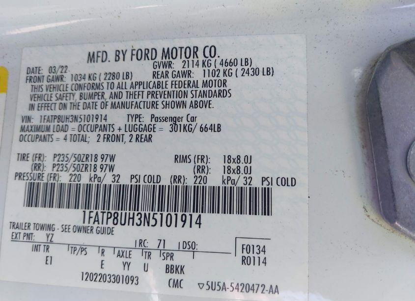 Photo 9 of 2022 Ford Mustang ECOBOOST PREMIUM (VIN 1FATP8UH3N5101914)