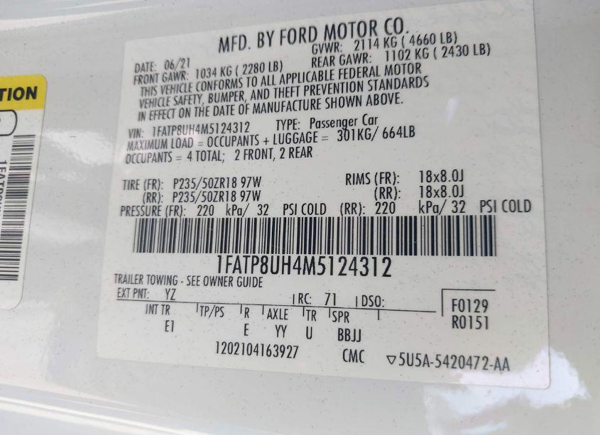 Photo 9 of 2021 Ford Mustang ECOBOOST PREMIUM (VIN 1FATP8UH4M5124312)