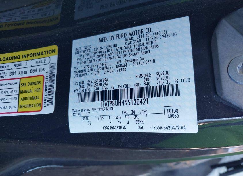 Photo 9 of 2022 Ford Mustang ECOBOOST PREMIUM (VIN 1FATP8UH4N5130421)