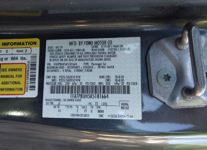 Photo 9 of 2019 Ford Mustang ECOBOOST PREMIUM (VIN 1FATP8UH5K5181664)