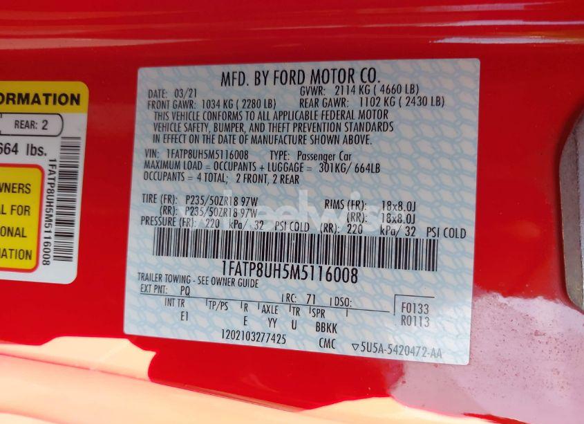 Photo 9 of 2021 Ford Mustang ECOBOOST PREMIUM (VIN 1FATP8UH5M5116008)