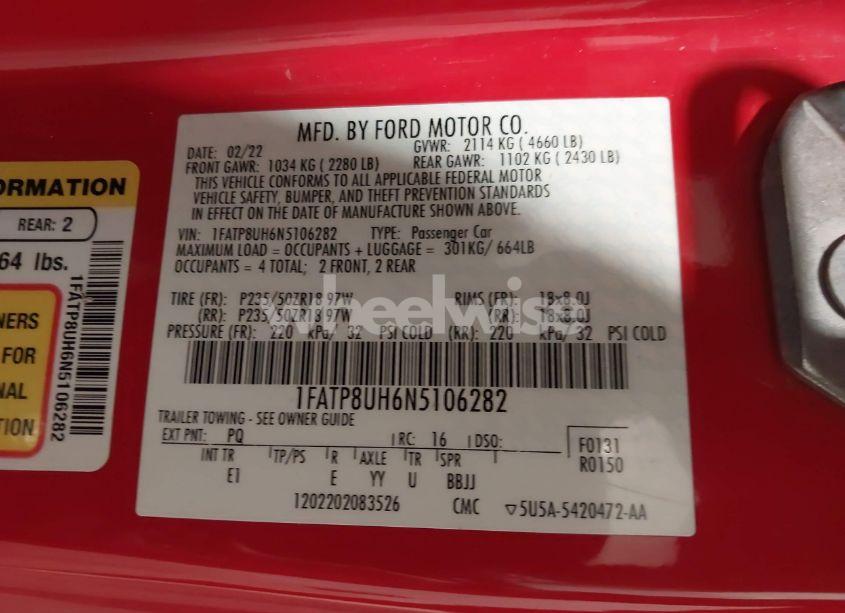 Photo 9 of 2022 Ford Mustang ECOBOOST PREMIUM (VIN 1FATP8UH6N5106282)