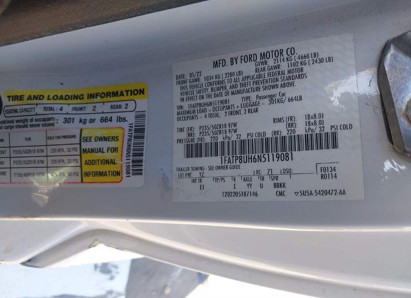 Photo 9 of 2022 Ford Mustang ECOBOOST PREMIUM (VIN 1FATP8UH6N5119081)