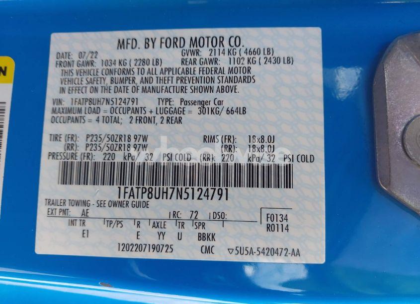 Photo 9 of 2022 Ford Mustang ECOBOOST PREMIUM (VIN 1FATP8UH7N5124791)