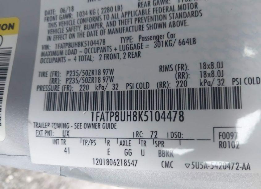 Photo 9 of 2019 Ford Mustang ECOBOOST PREMIUM (VIN 1FATP8UH8K5104478)