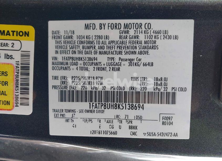 Photo 9 of 2019 Ford Mustang ECOBOOST PREMIUM (VIN 1FATP8UH8K5138694)