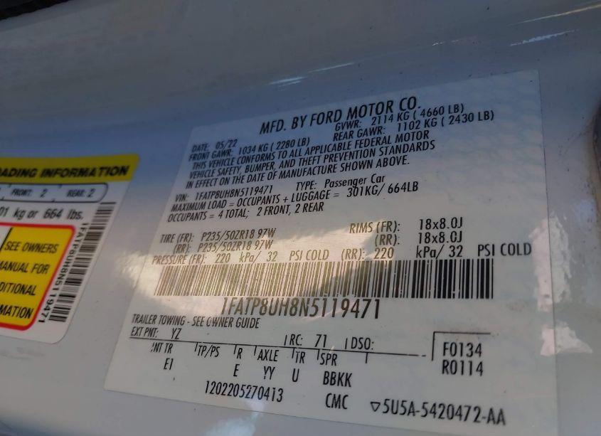 Photo 9 of 2022 Ford Mustang ECOBOOST PREMIUM (VIN 1FATP8UH8N5119471)