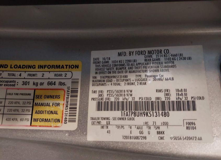 Photo 9 of 2019 Ford Mustang ECOBOOST PREMIUM (VIN 1FATP8UH9K5131480)