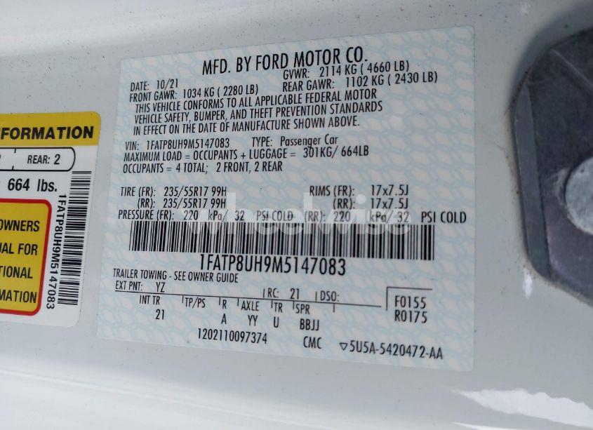 Photo 9 of 2021 Ford Mustang ECOBOOST (VIN 1FATP8UH9M5147083)