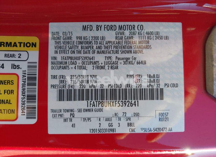 Photo 9 of 2015 Ford Mustang ECOBOOST PREMIUM (VIN 1FATP8UHXF5392641)