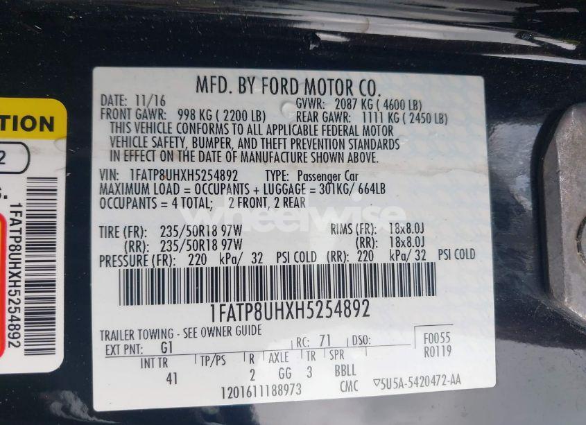 Photo 9 of 2017 Ford Mustang ECOBOOST PREMIUM (VIN 1FATP8UHXH5254892)