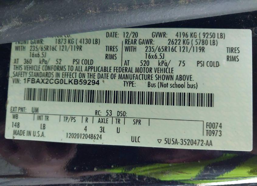 Photo 9 of 2020 Ford Transit-350 PASSENGER VAN XLT (VIN 1FBAX2CG0LKB59294)