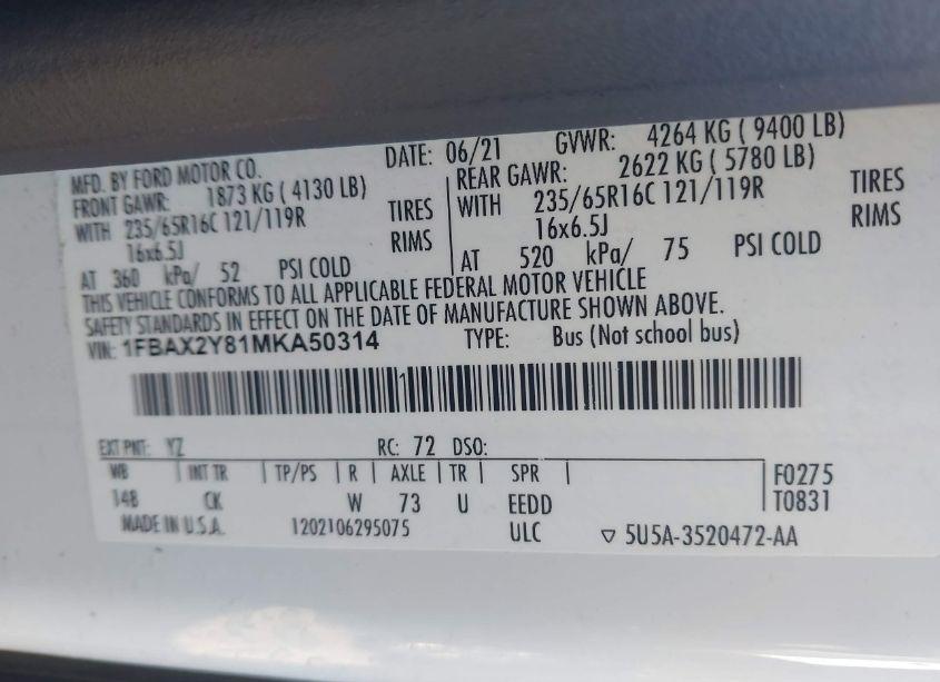 Photo 9 of 2021 Ford Transit PASSENGER WAGON (VIN 1FBAX2Y81MKA50314)