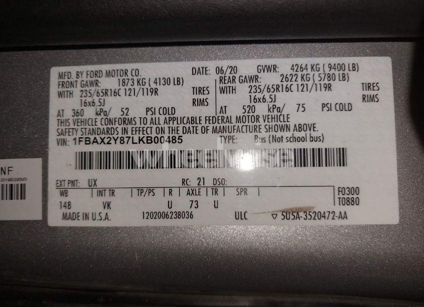 Photo 9 of 2020 Ford Transit-350 PASSENGER VAN XL (VIN 1FBAX2Y87LKB00485)