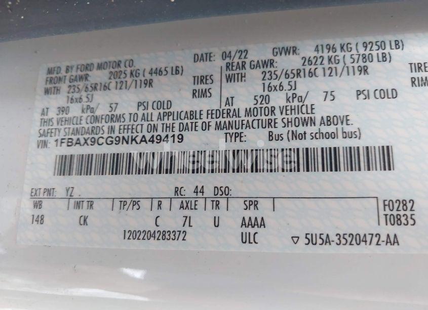 Photo 9 of 2022 Ford Transit-350 PASSENGER VAN XLT (VIN 1FBAX9CG9NKA49419)