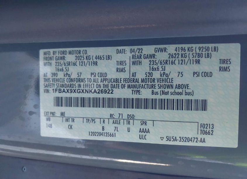 Photo 9 of 2022 Ford Transit-350 PASSENGER VAN XLT (VIN 1FBAX9XGXNKA26922)