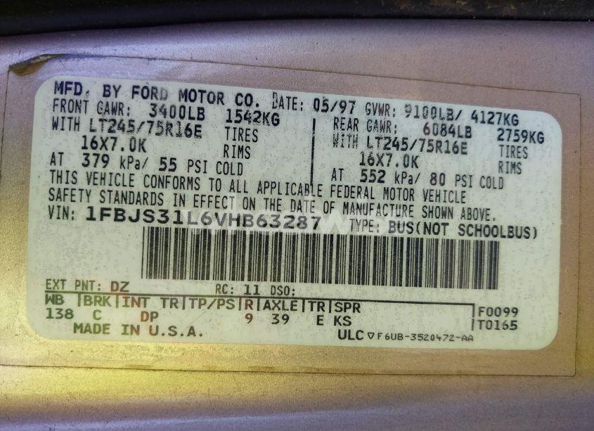 Photo 9 of 1997 Ford Club WAGON XL/XLT (VIN 1FBJS31L6VHB63287)