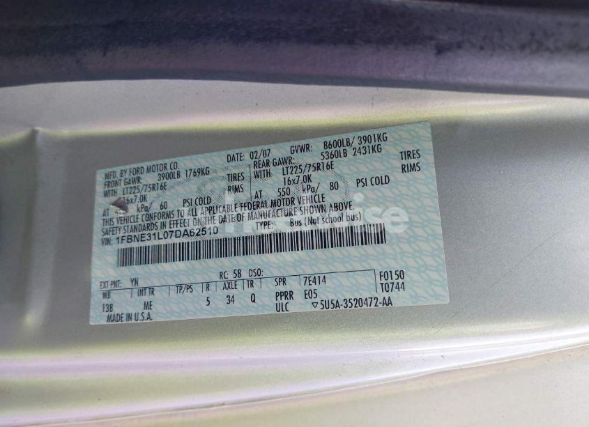 Photo 9 of 2007 Ford E-350 SUPER DUTY XL/XLT (VIN 1FBNE31L07DA62510)