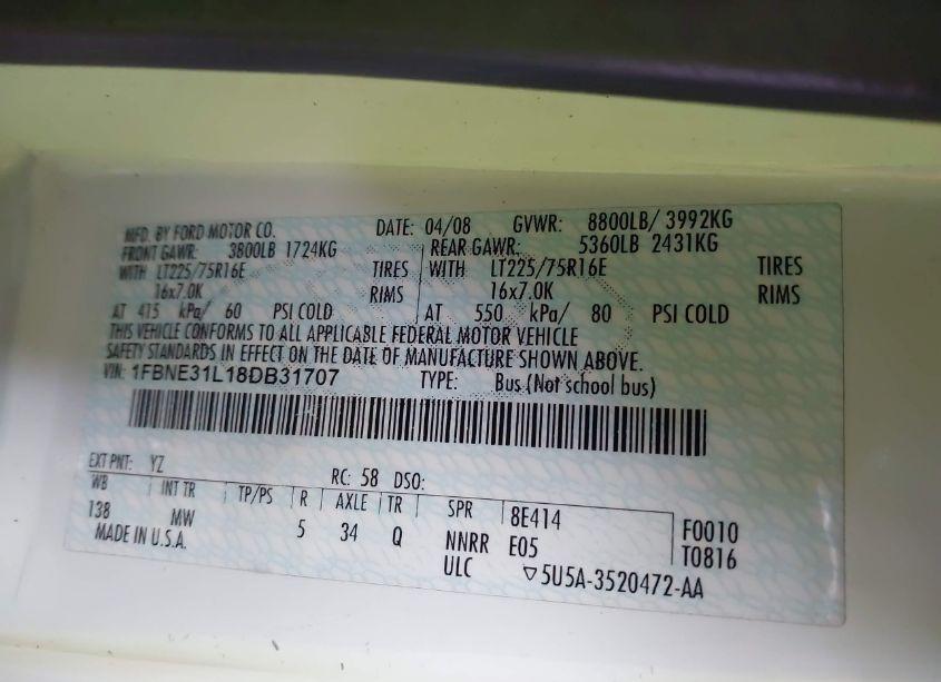 Photo 9 of 2008 Ford E-350 SUPER DUTY XL/XLT (VIN 1FBNE31L18DB31707)