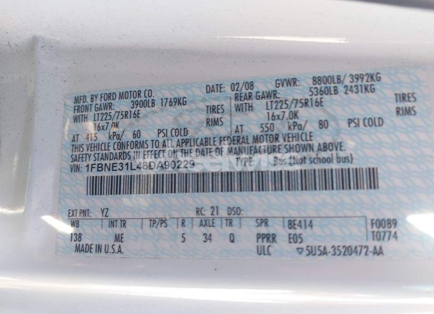 Photo 9 of 2008 Ford E-350 SUPER DUTY XL/XLT (VIN 1FBNE31L48DA90229)