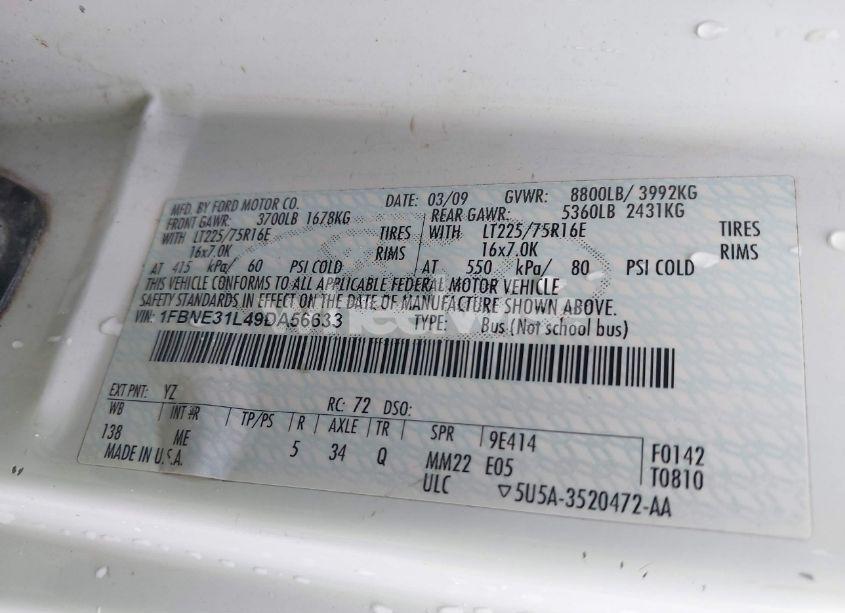 Photo 9 of 2009 Ford E-350 SUPER DUTY XL/XLT (VIN 1FBNE31L49DA56633)