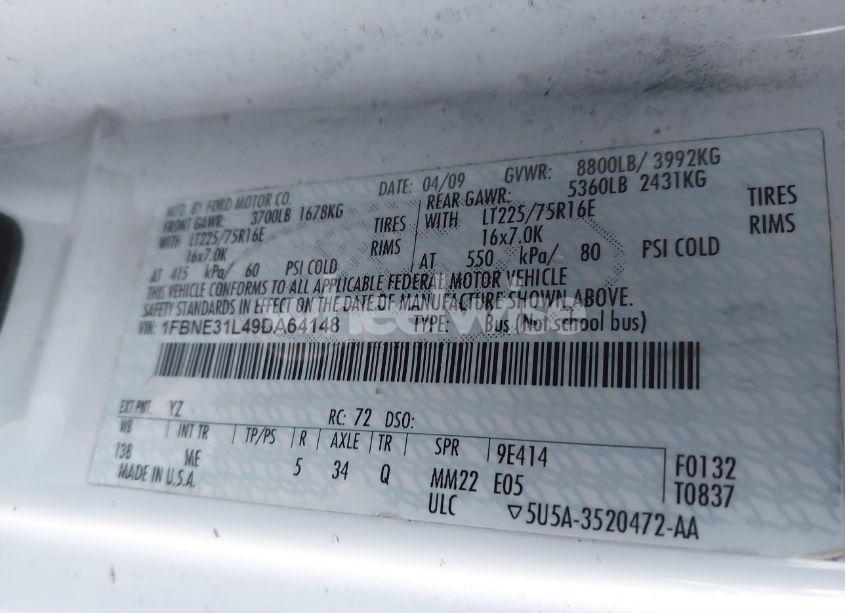 Photo 9 of 2009 Ford E-350 SUPER DUTY XL/XLT (VIN 1FBNE31L49DA64148)