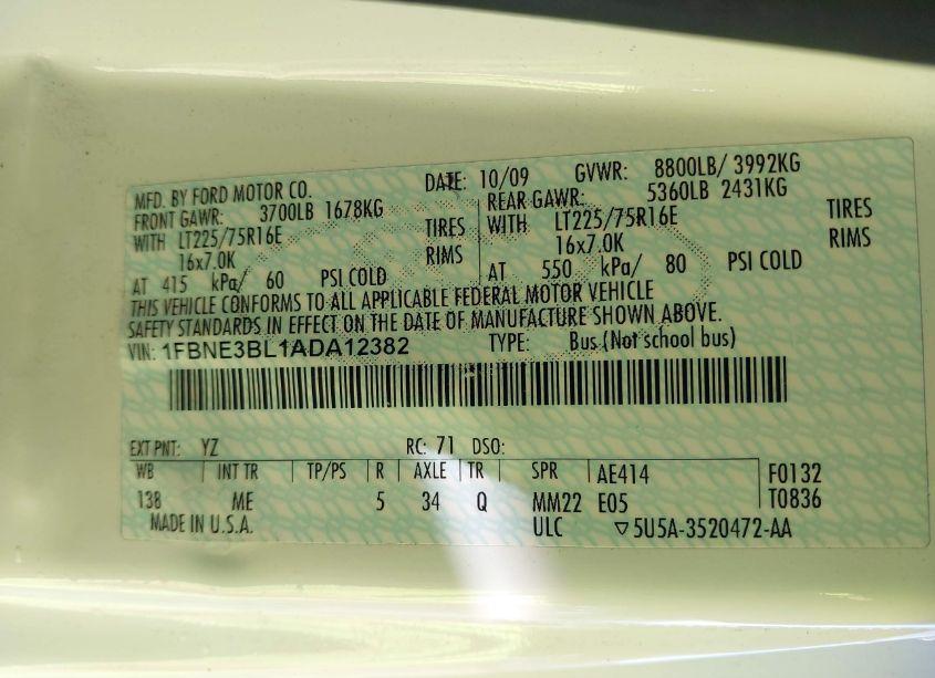 Photo 9 of 2010 Ford E-350 SUPER DUTY XL/XLT (VIN 1FBNE3BL1ADA12382)