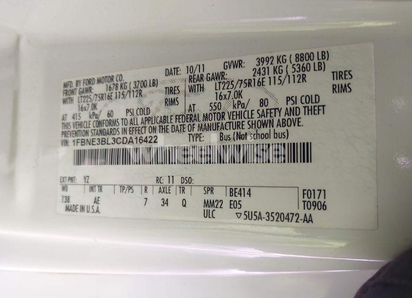 Photo 9 of 2012 Ford E-350 SUPER DUTY XL (VIN 1FBNE3BL3CDA16422)