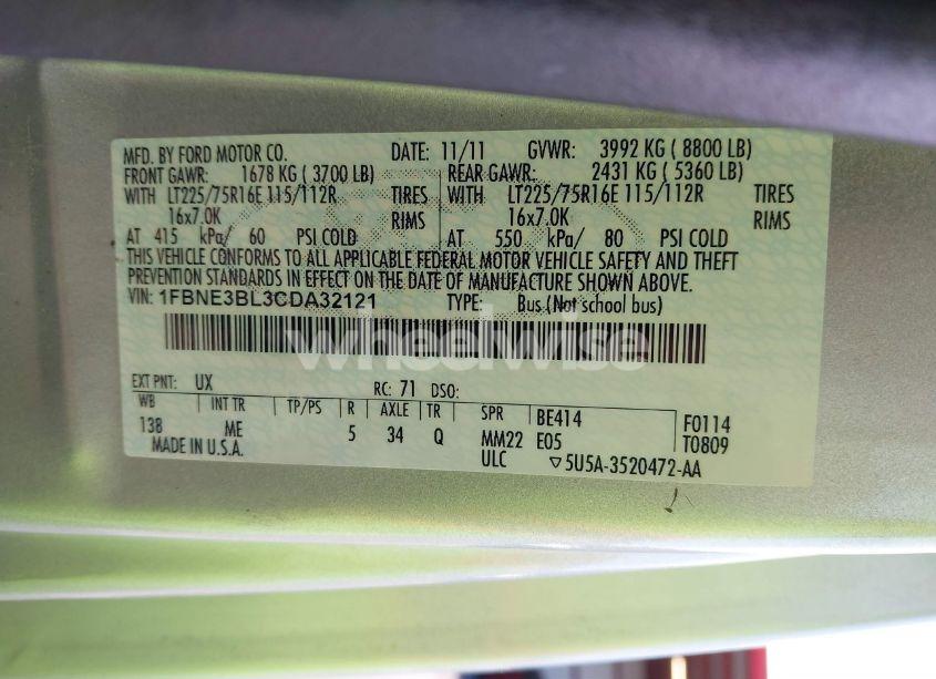 Photo 9 of 2012 Ford E-350 SUPER DUTY XLT (VIN 1FBNE3BL3CDA32121)