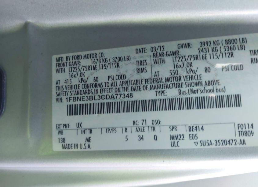 Photo 9 of 2012 Ford E-350 SUPER DUTY XLT (VIN 1FBNE3BL3CDA77348)