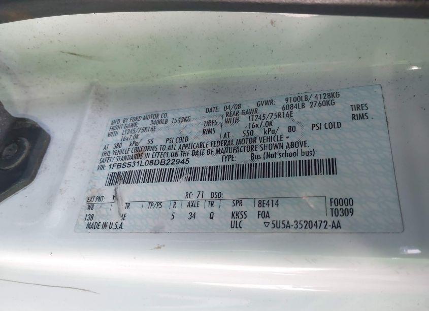 Photo 9 of 2008 Ford E-350 SUPER DUTY XL/XLT (VIN 1FBSS31L08DB22945)