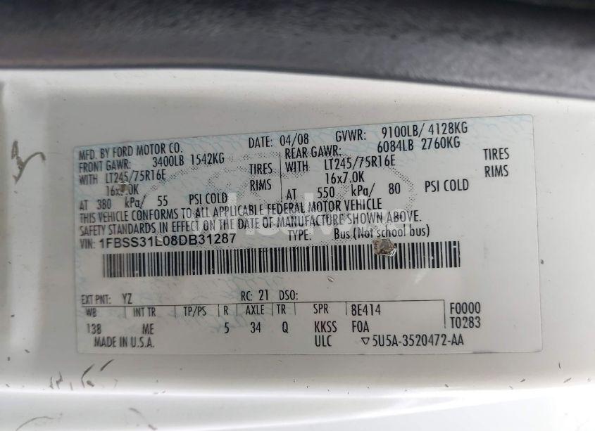 Photo 9 of 2008 Ford E-350 SUPER DUTY XL/XLT (VIN 1FBSS31L08DB31287)