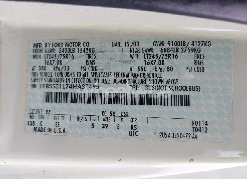 Photo 9 of 2004 Ford E-350 SUPER DUTY XL/XLT (VIN 1FBSS31L74HA31495)