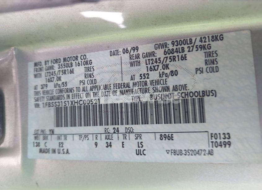 Photo 9 of 1999 Ford E-350 SUPER DUTY XL/XLT (VIN 1FBSS31S1XHC00521)