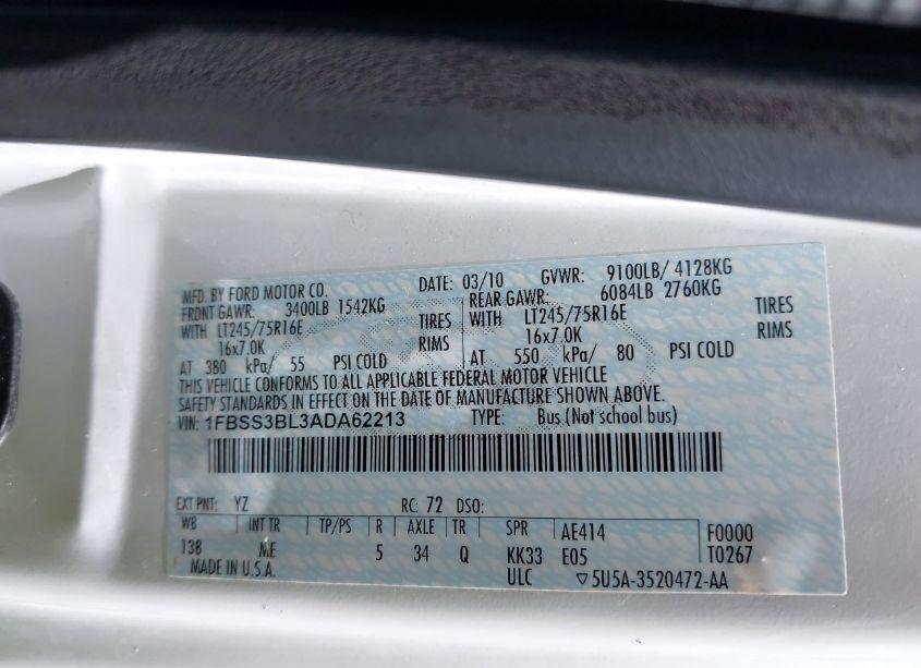 Photo 9 of 2010 Ford E-350 SUPER DUTY XL/XLT (VIN 1FBSS3BL3ADA62213)