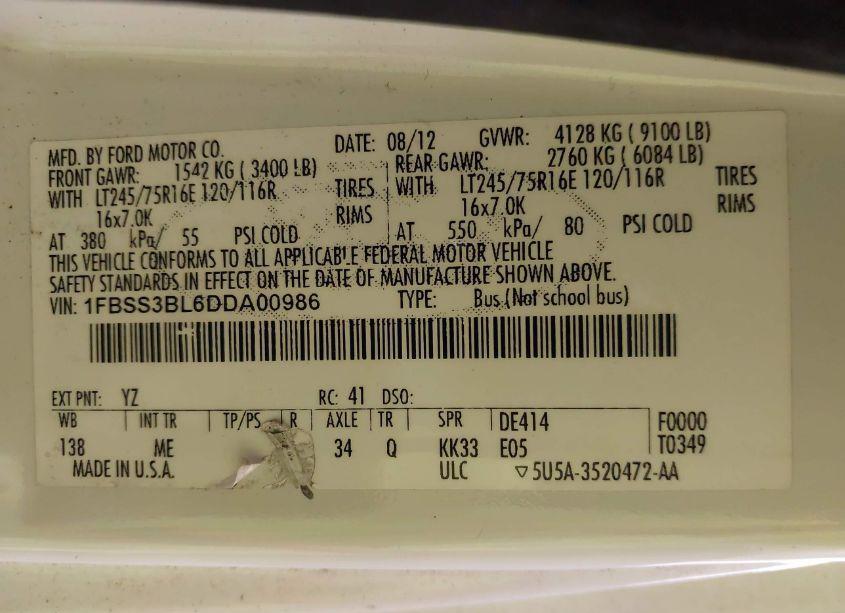 Photo 9 of 2013 Ford E-350 SUPER DUTY XLT (VIN 1FBSS3BL6DDA00986)