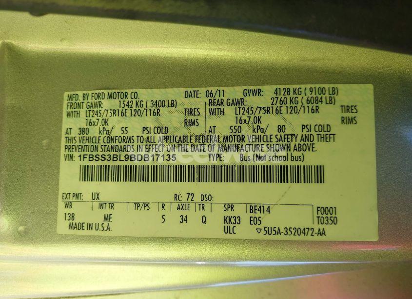 Photo 9 of 2011 Ford E-350 SUPER DUTY XLT (VIN 1FBSS3BL9BDB17135)