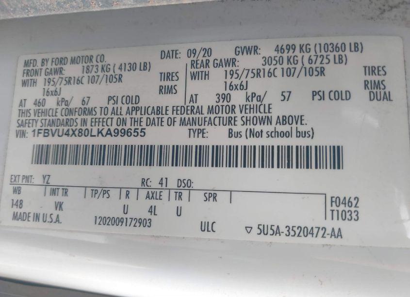 Photo 8 of 2020 Ford Transit-350 PASSENGER VAN XL (VIN 1FBVU4X80LKA99655)