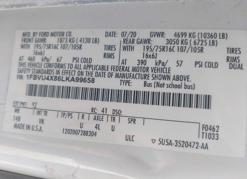 Photo 8 of 2020 Ford Transit-350 PASSENGER VAN XL (VIN 1FBVU4X86LKA99658)