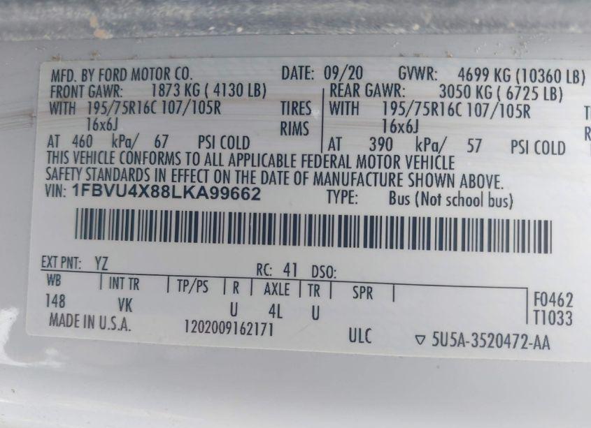 Photo 8 of 2020 Ford Transit-350 PASSENGER VAN XL (VIN 1FBVU4X88LKA99662)