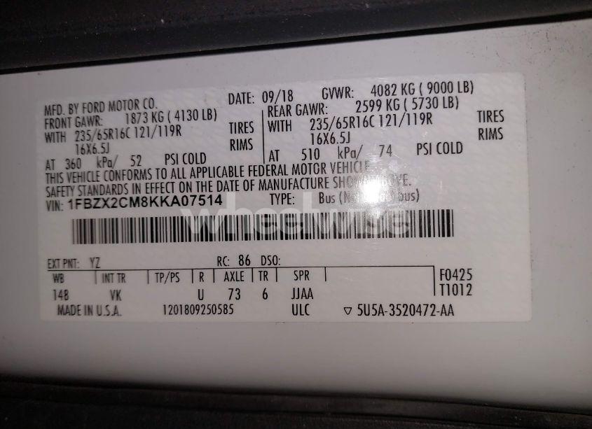 Photo 9 of 2019 Ford Transit-350 XL (VIN 1FBZX2CM8KKA07514)