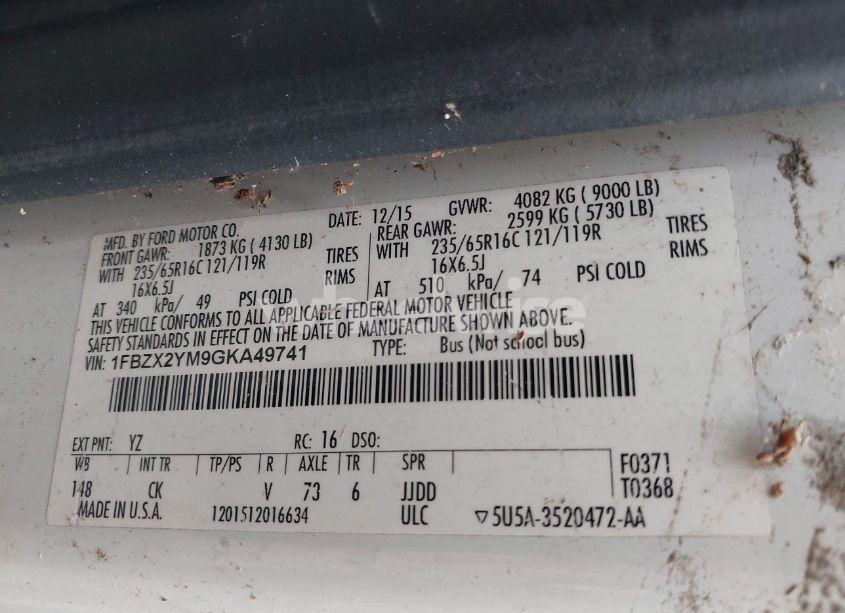 Photo 9 of 2016 Ford Transit-350 XLT (VIN 1FBZX2YM9GKA49741)